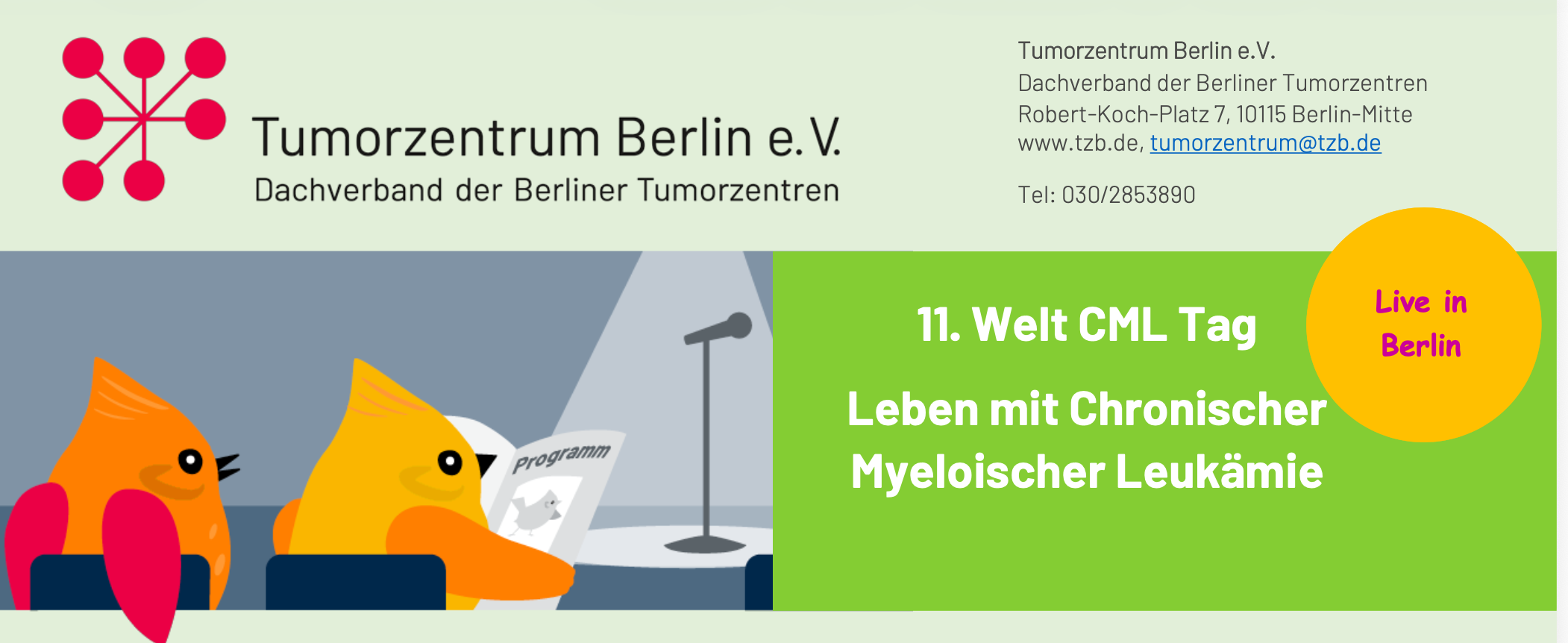 Logo des Tumorzentrum Berlin e.V. mit Einladung zum CML Tag in Berlin